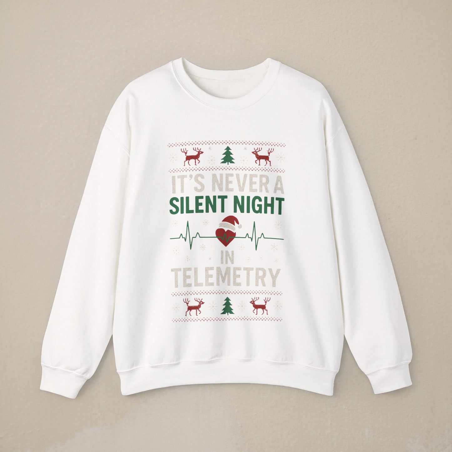 Nurse Telemetry Christmas Sweatshirt - "It's Never a Silent Night in Telemetry" Holiday Crewneck