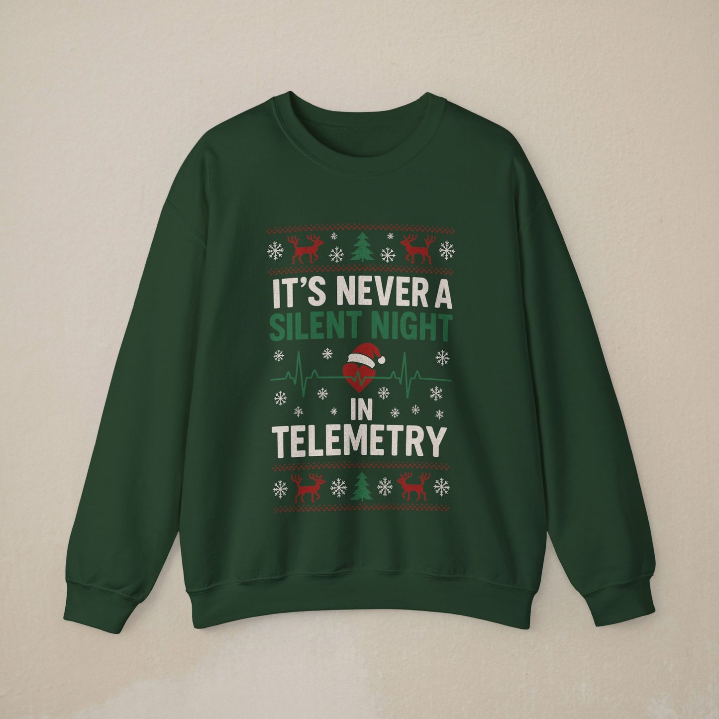 Nurse Telemetry Christmas Sweatshirt - "It's Never a Silent Night in Telemetry" Holiday Crewneck