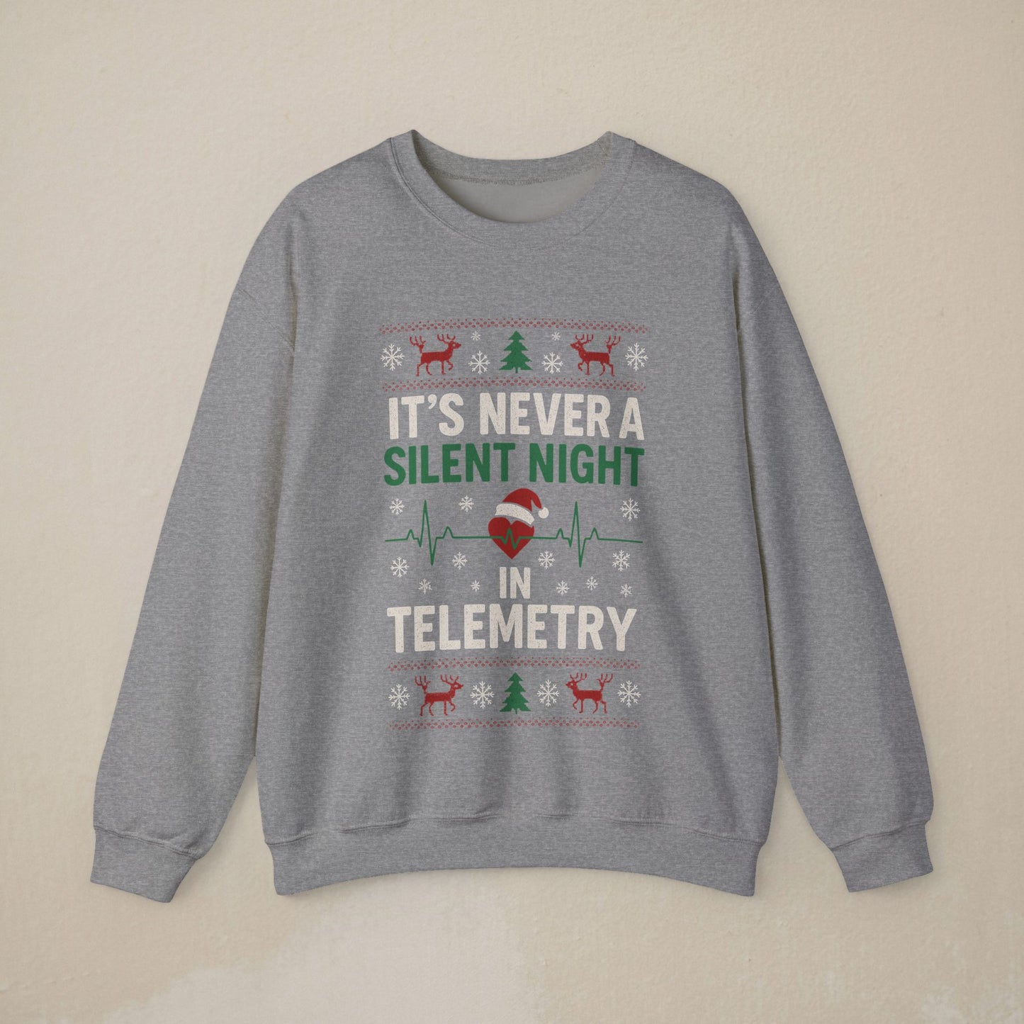 Nurse Telemetry Christmas Sweatshirt - "It's Never a Silent Night in Telemetry" Holiday Crewneck